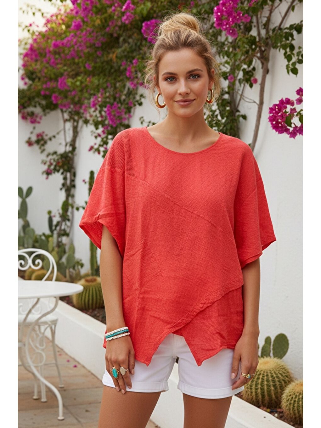Turuncu Havuz Yaka Kısa Kol Cepli File Detaylı Yıkamalı Casual Asimetrik Dokuma Bluz 70 63-2