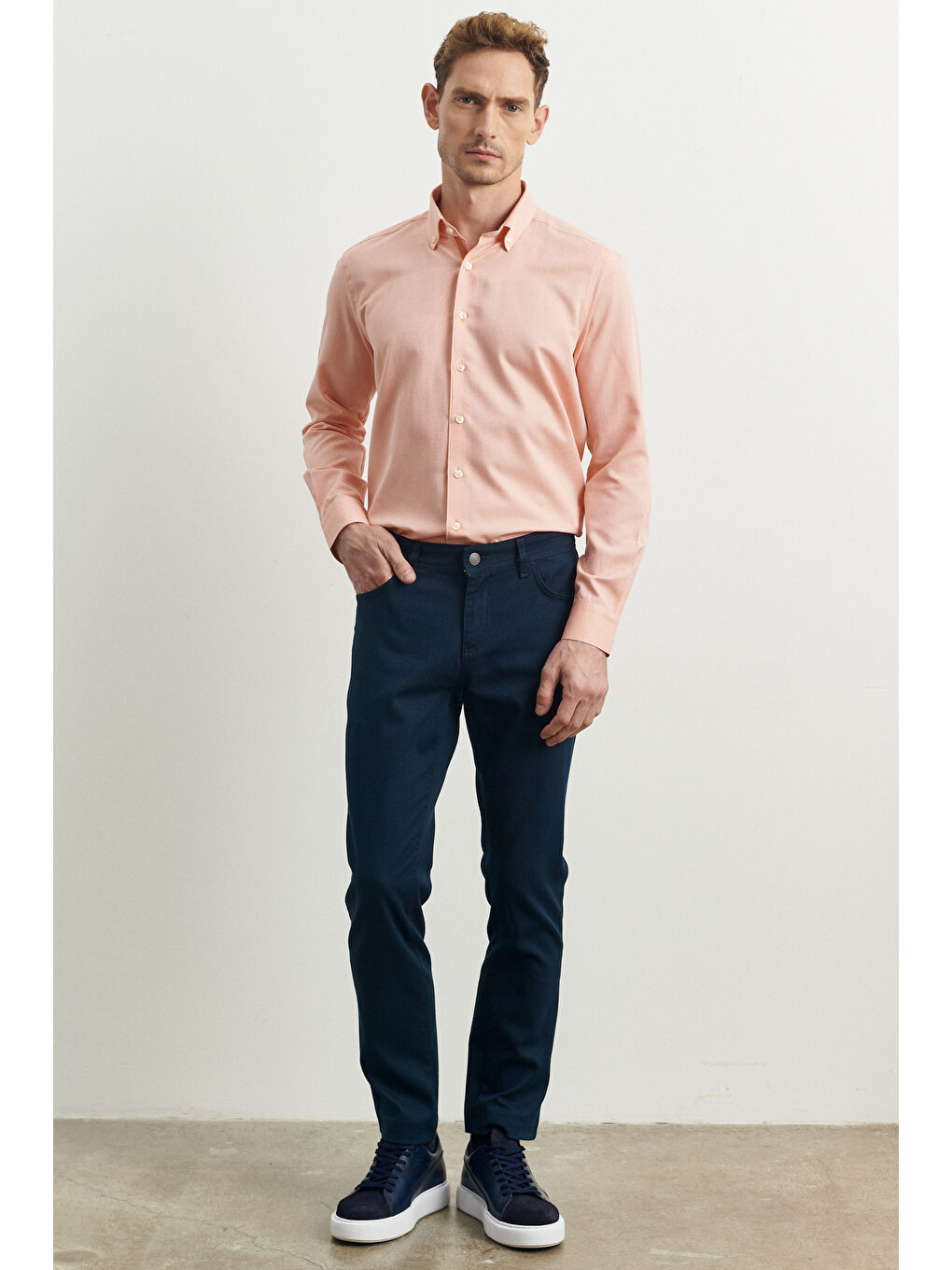 Erkek Lacivert Slim Fit Dar Kesim Armürlü Esnek Casual Pantolon-2