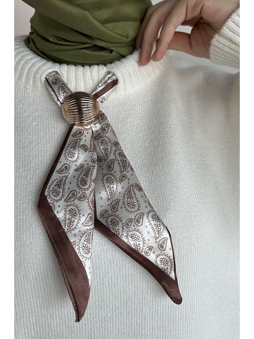 Ekru Bisiklet Yaka Fularlı Tesettür Triko Tunik-7