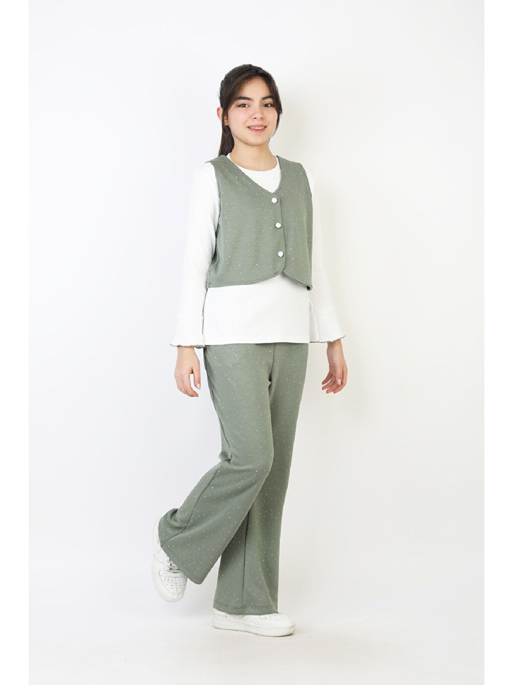 Yeşil Kız Çocuk 3'lü Takım-Yelekli,Taş Süslemeli ve Geniş Paçalı 12515-4