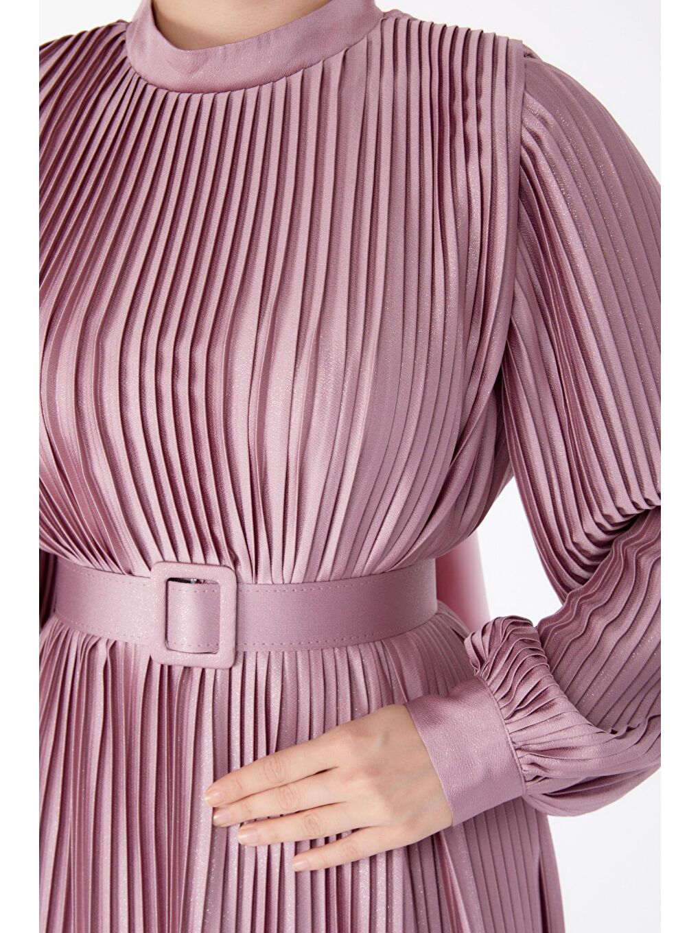 Düz Hakim Yaka Kadın Pembe Pliseli Abiye Elbise - 25458-5