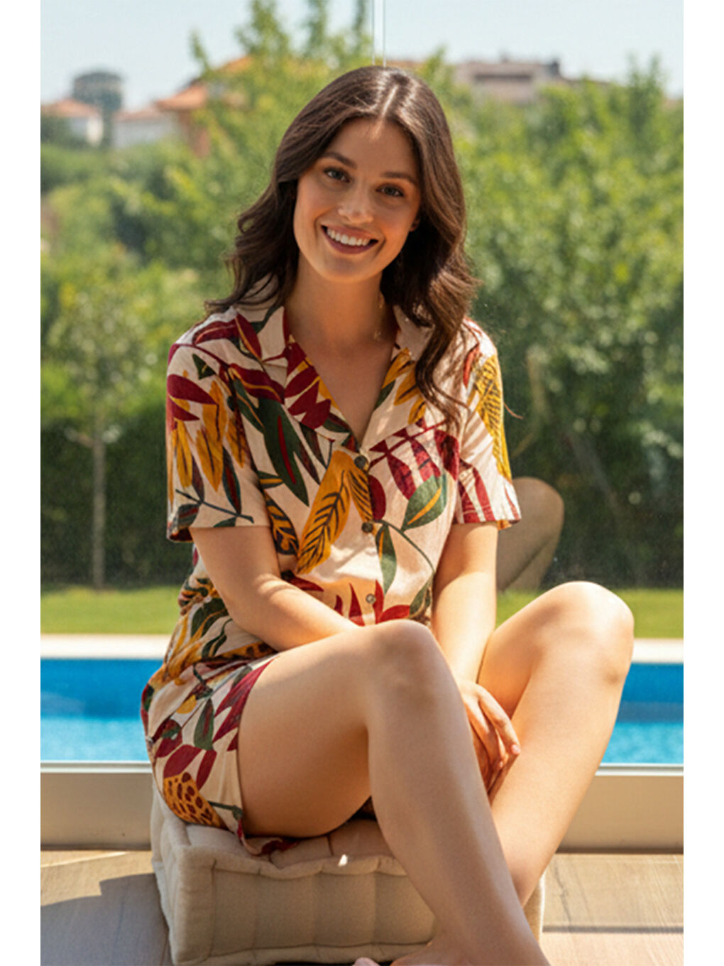 Kadın Desenli Kısa Kol Önü Düğmeli Elastanlı Viskon Pijama Takımı 0291 Bej02-1