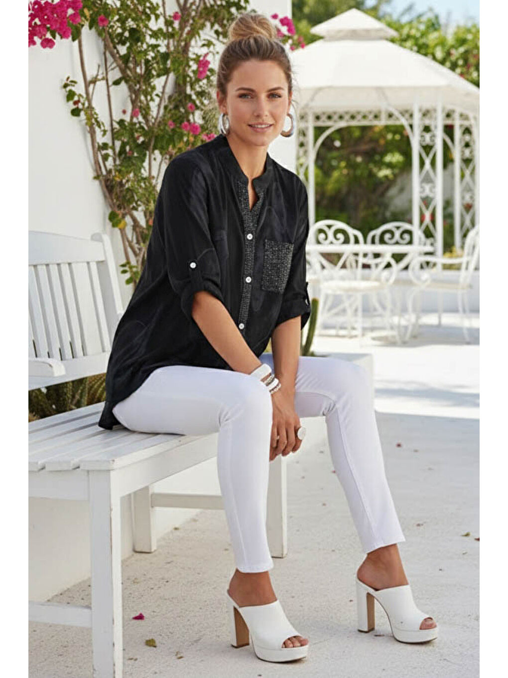 İtalyan Siyah Hakim Yaka Düğmeli 3/4 Kol Geometrik Desenli Pullu Cepli Casual Viskon Bluz 75 65-2