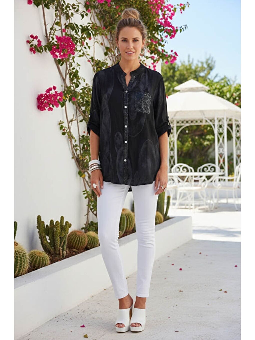 İtalyan Siyah Hakim Yaka Düğmeli 3/4 Kol Geometrik Desenli Pullu Cepli Casual Viskon Bluz 75 65-3