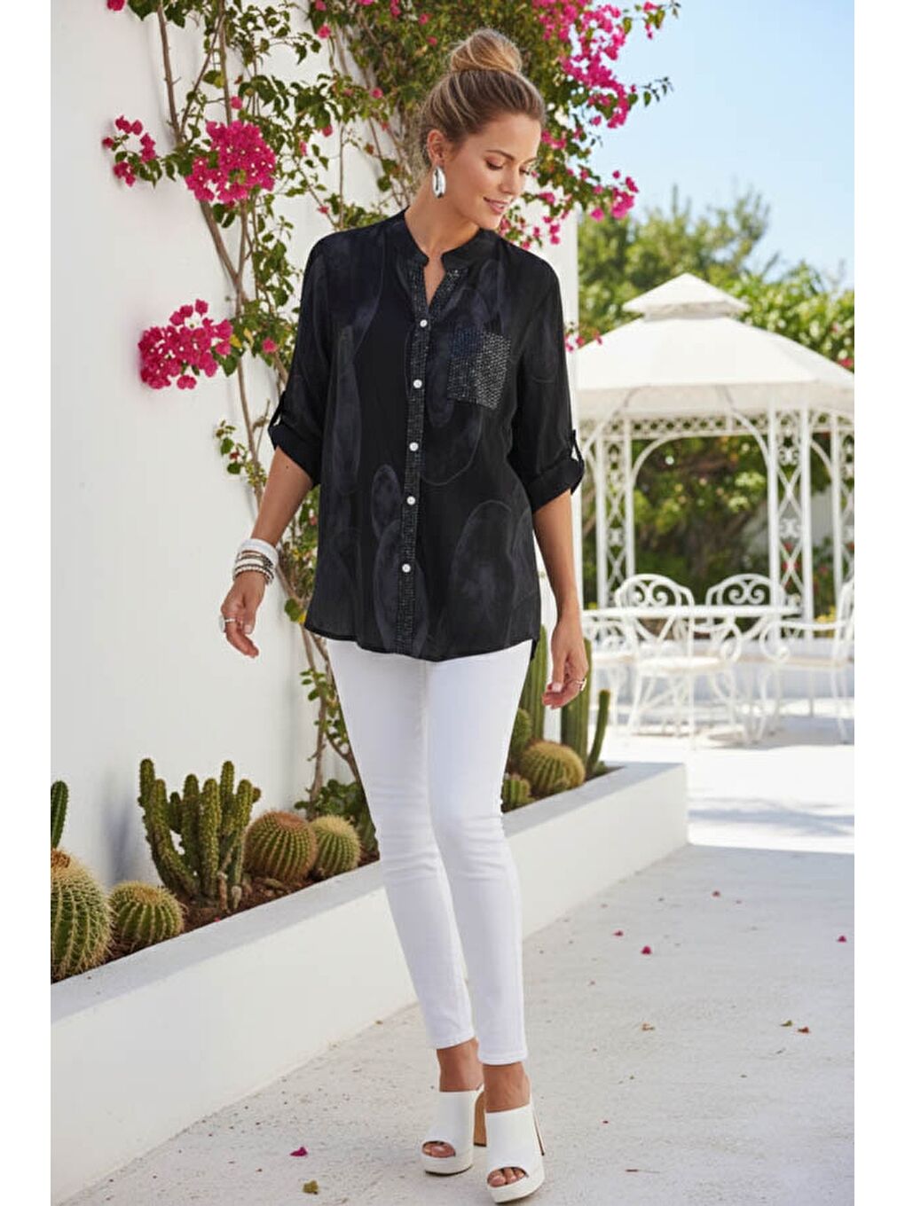 İtalyan Siyah Hakim Yaka Düğmeli 3/4 Kol Geometrik Desenli Pullu Cepli Casual Viskon Bluz 75 65-4