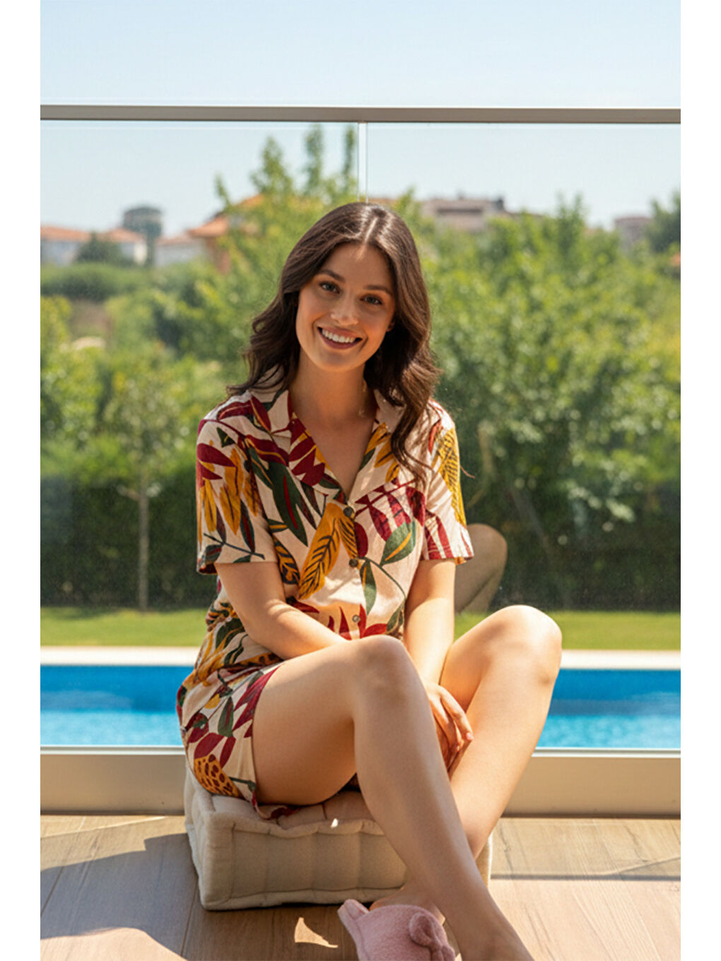 Kadın Desenli Kısa Kol Önü Düğmeli Elastanlı Viskon Pijama Takımı 0291 Bej02-3