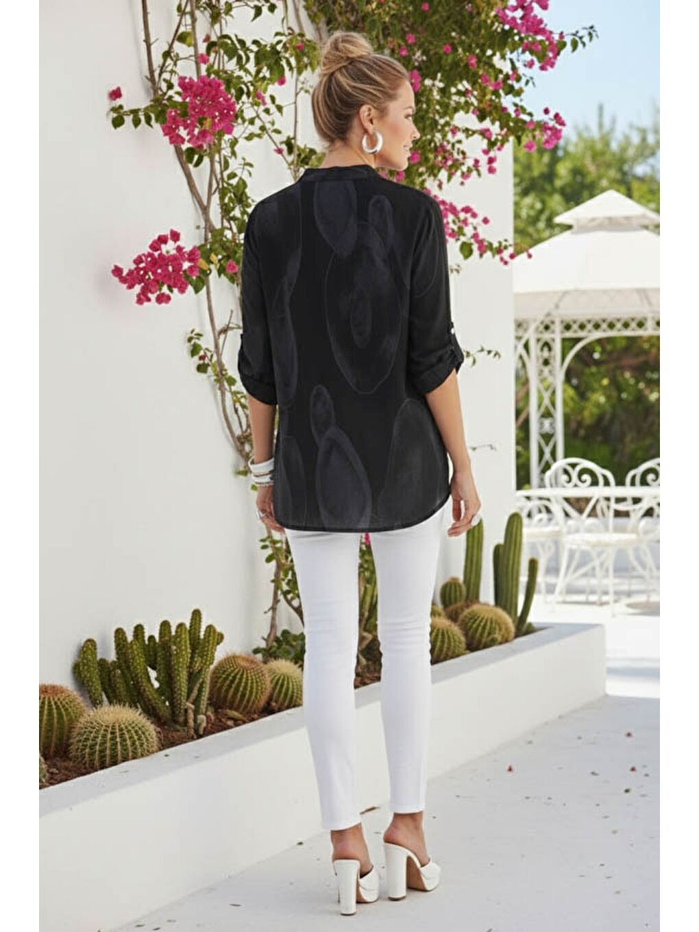 İtalyan Siyah Hakim Yaka Düğmeli 3/4 Kol Geometrik Desenli Pullu Cepli Casual Viskon Bluz 75 65-5
