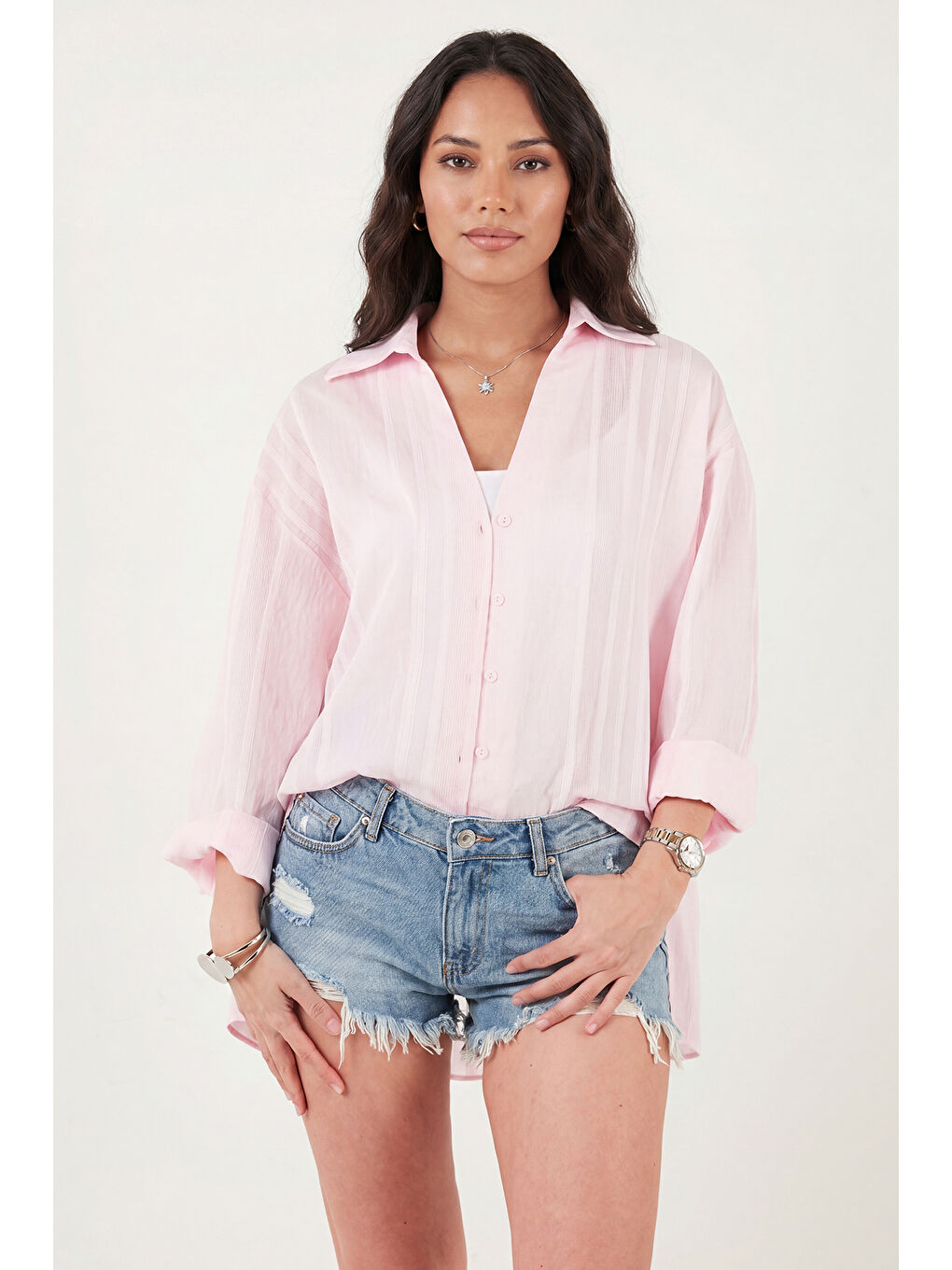 Pembe Rahat Kesim Viskon Karışımlı Uzun Kollu Kadın Gömlek 6834914-3