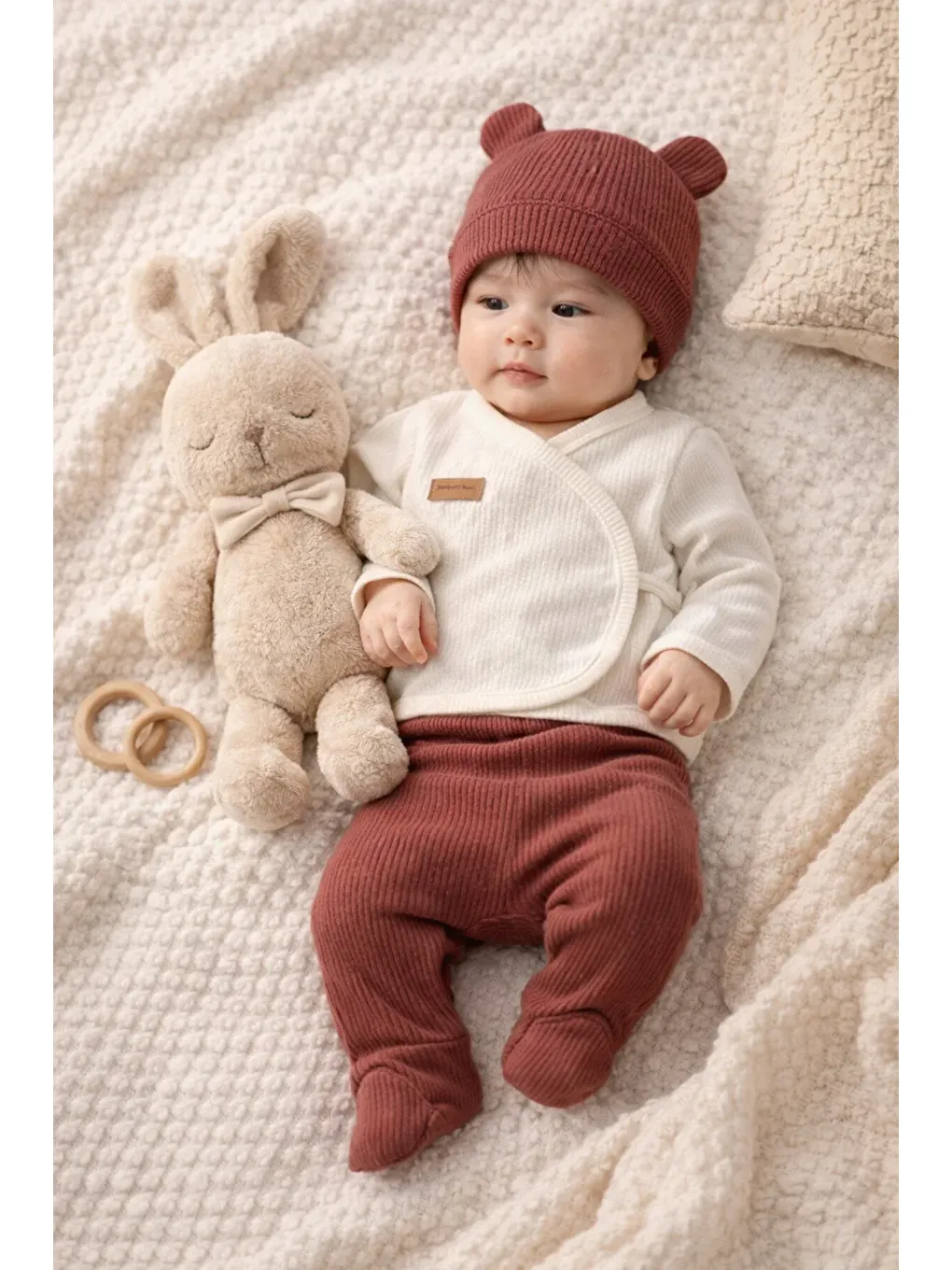 Kahverengi Waffle Kumaş Organik Pamuk Ayıcık Kulaklı Şapkalı Kutulu 5’li Hastane Çıkış Seti-1