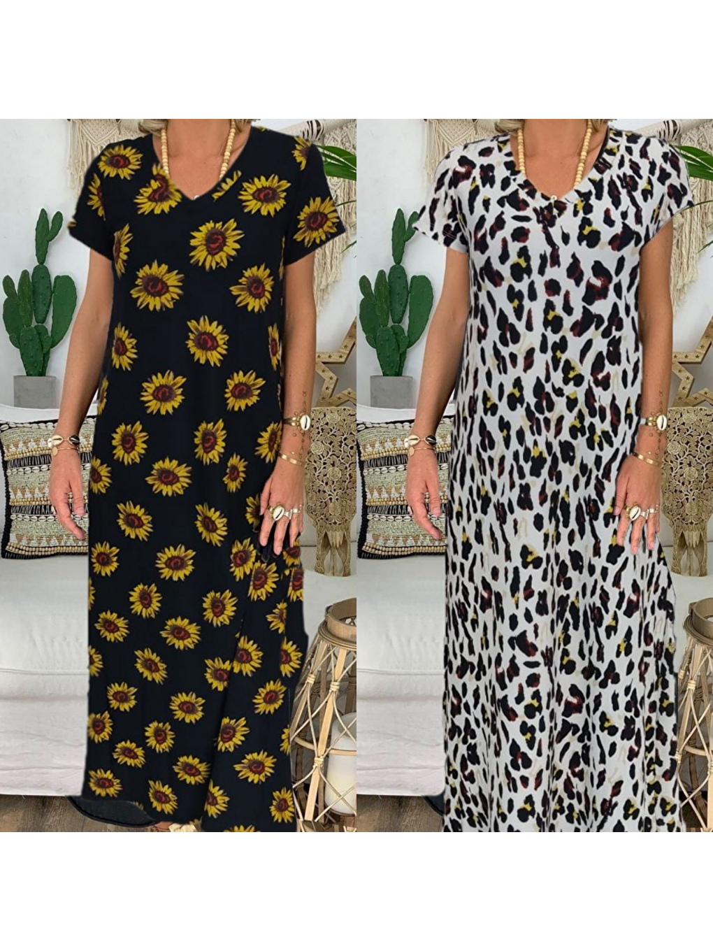 Kahverengi Kadın Kısa Kollu V Yaka Tam Boy Zebra Desen Pegasus Kumaş Elbise-2