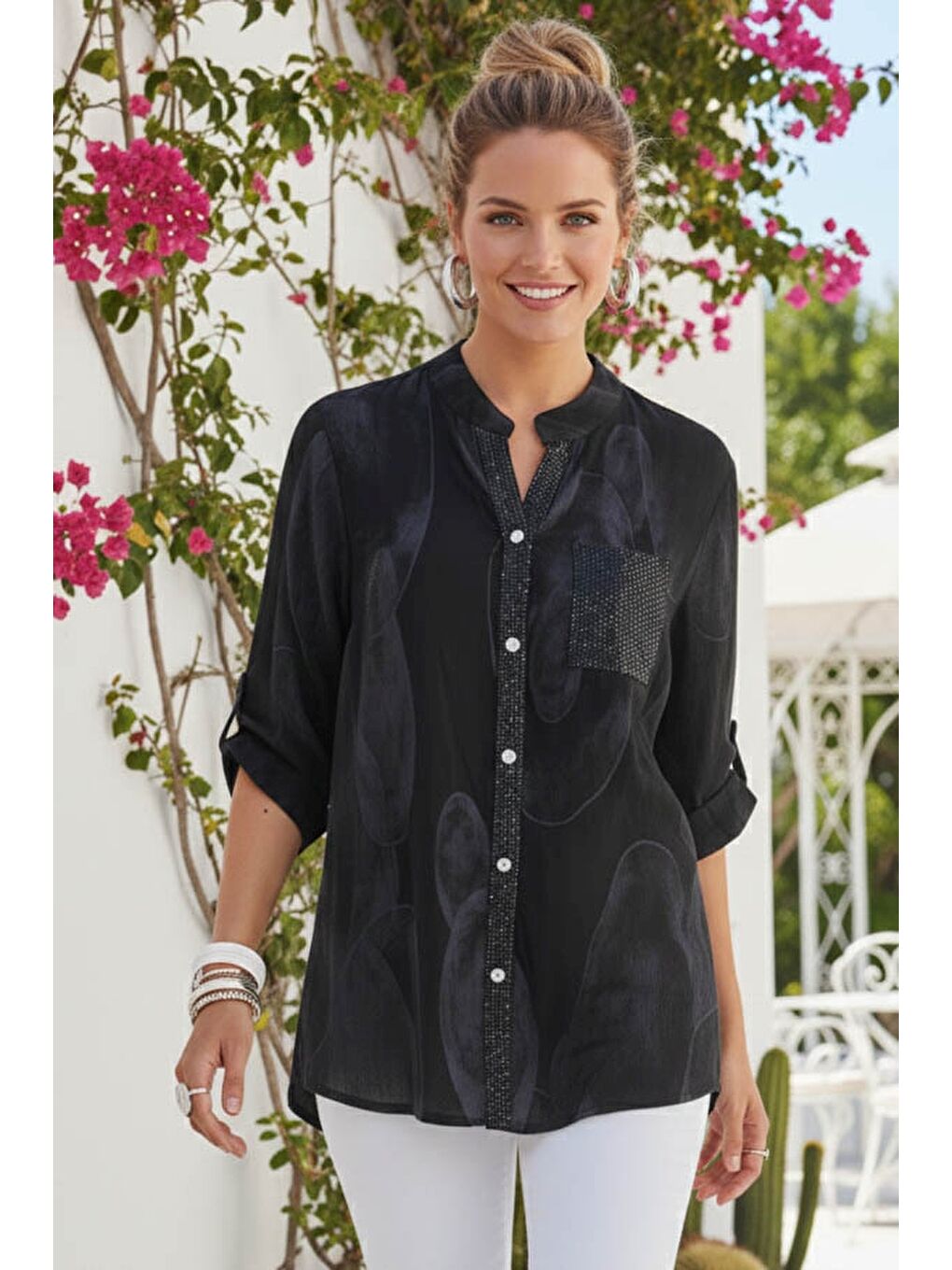 İtalyan Siyah Hakim Yaka Düğmeli 3/4 Kol Geometrik Desenli Pullu Cepli Casual Viskon Bluz 75 65-1