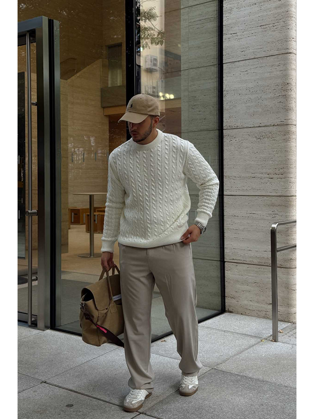 Beyaz Mira Premium Saç Örgü Bisiklet Yaka Kalın Triko Kazak-2