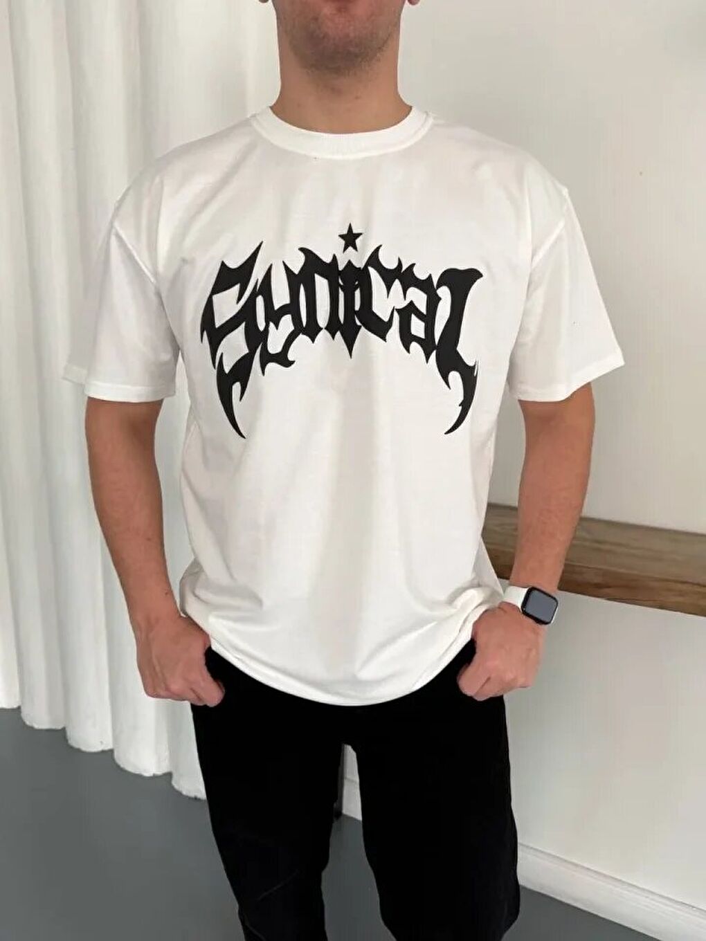 Beyaz Erkek Bisiklet Yaka Ön Baskılı Kısa Kollu Tişört-2