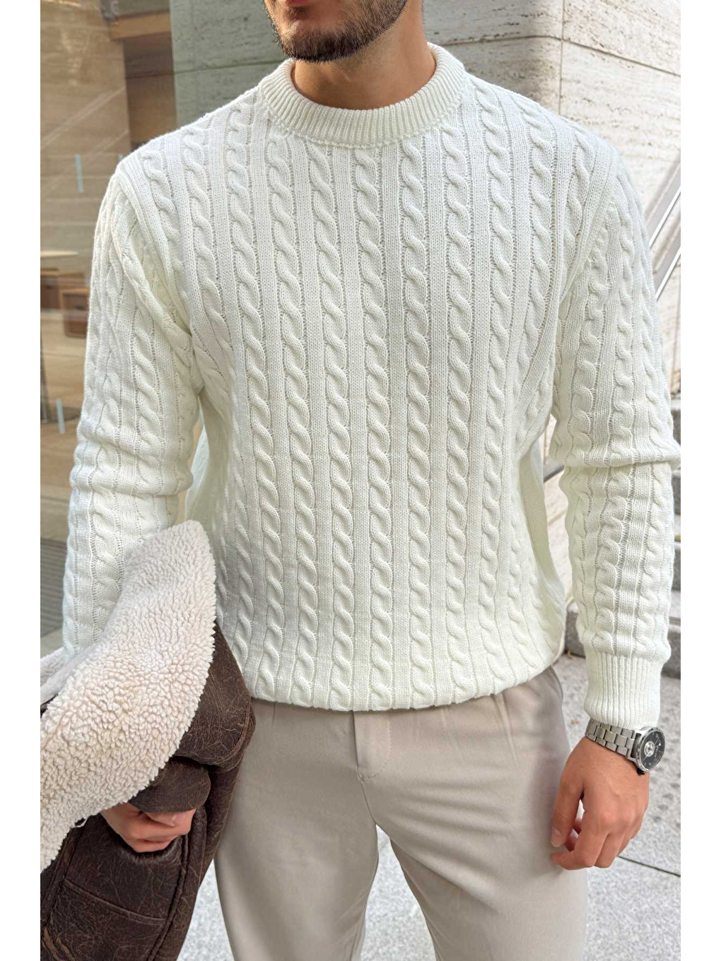 Beyaz Mira Premium Saç Örgü Bisiklet Yaka Kalın Triko Kazak-3