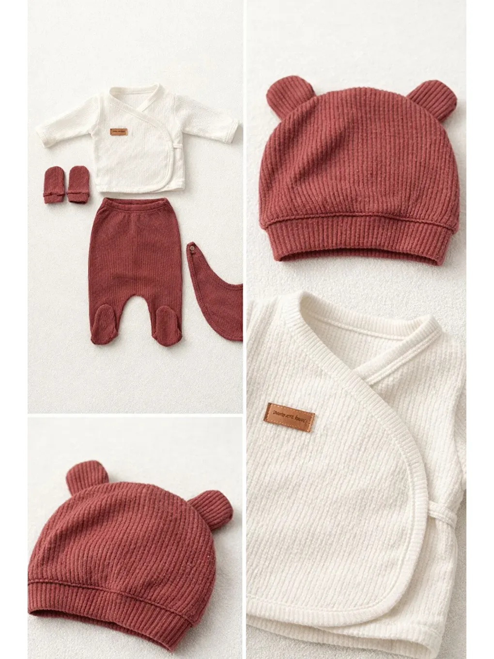 Kahverengi Waffle Kumaş Organik Pamuk Ayıcık Kulaklı Şapkalı Kutulu 5’li Hastane Çıkış Seti-2