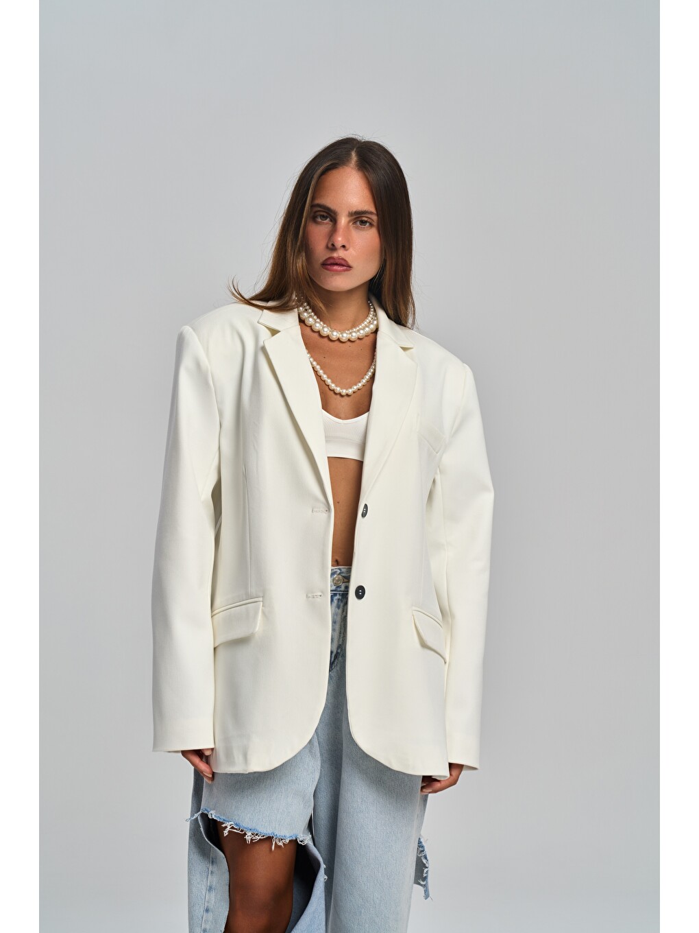 Emma Dikiş Detaylı Ekru Blazer-2