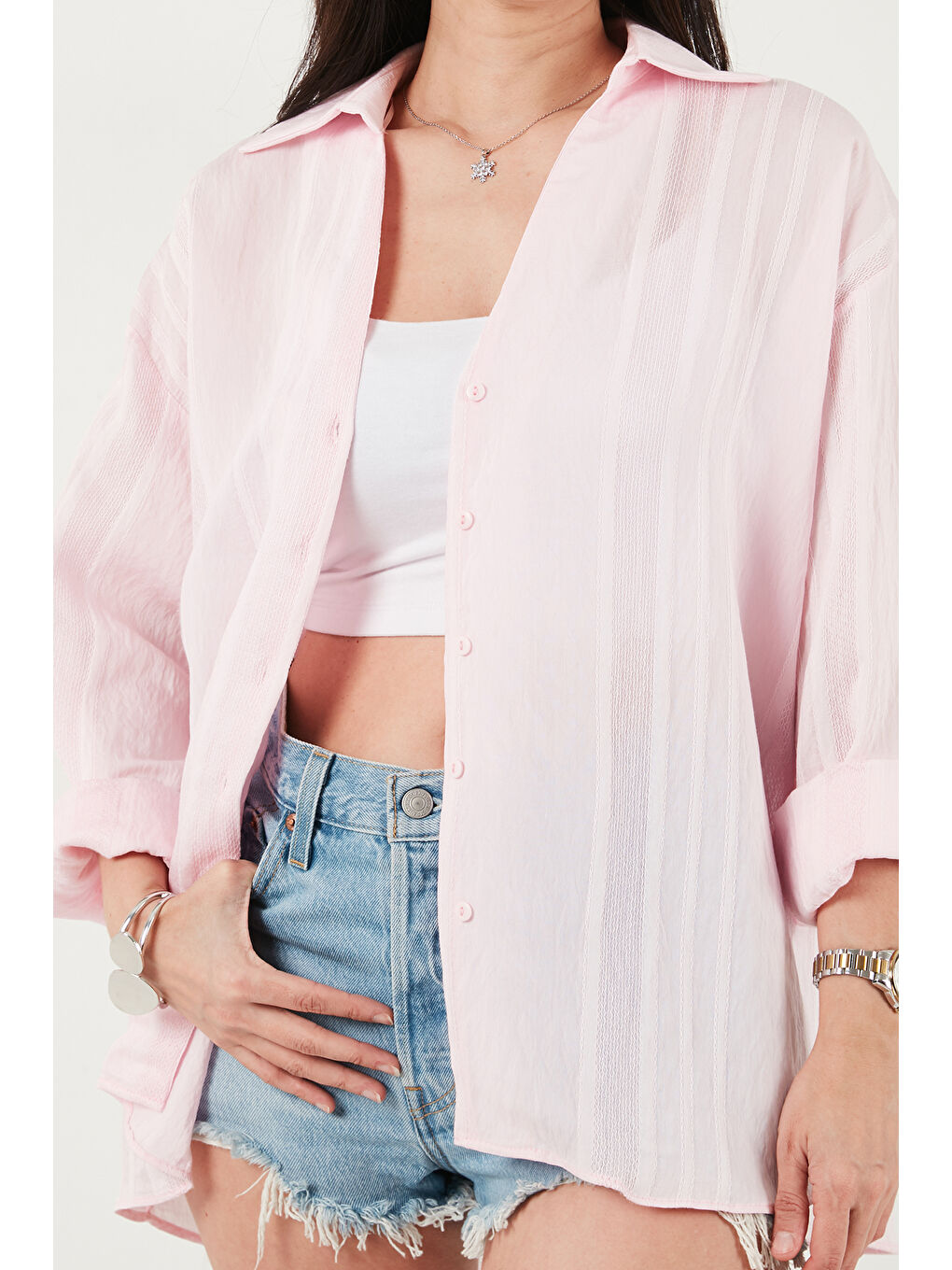 Pembe Rahat Kesim Viskon Karışımlı Uzun Kollu Kadın Gömlek 6834914-5