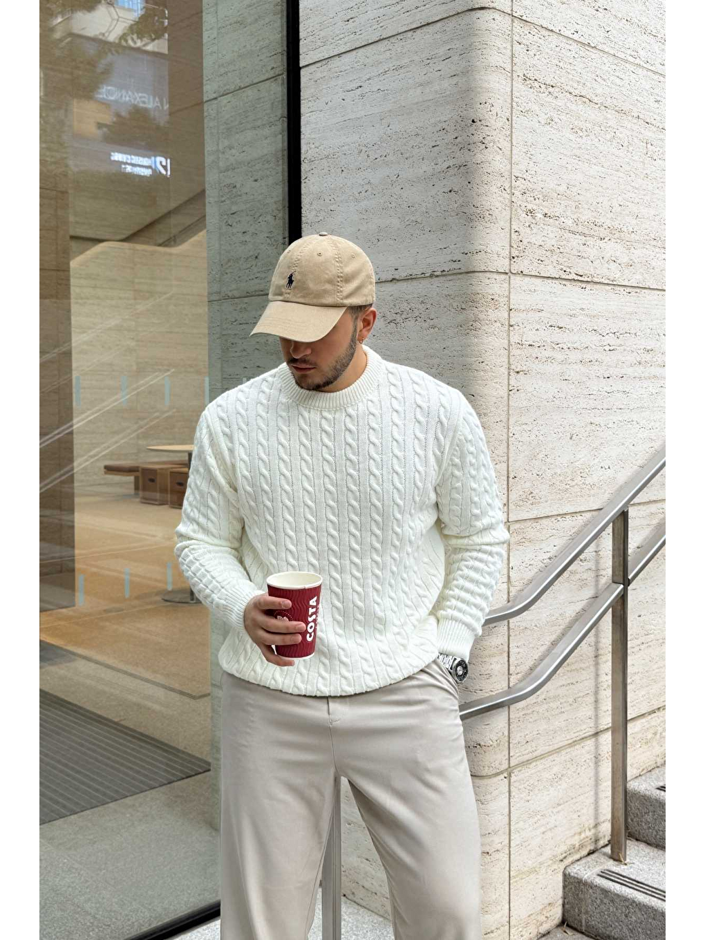 Beyaz Mira Premium Saç Örgü Bisiklet Yaka Kalın Triko Kazak-5