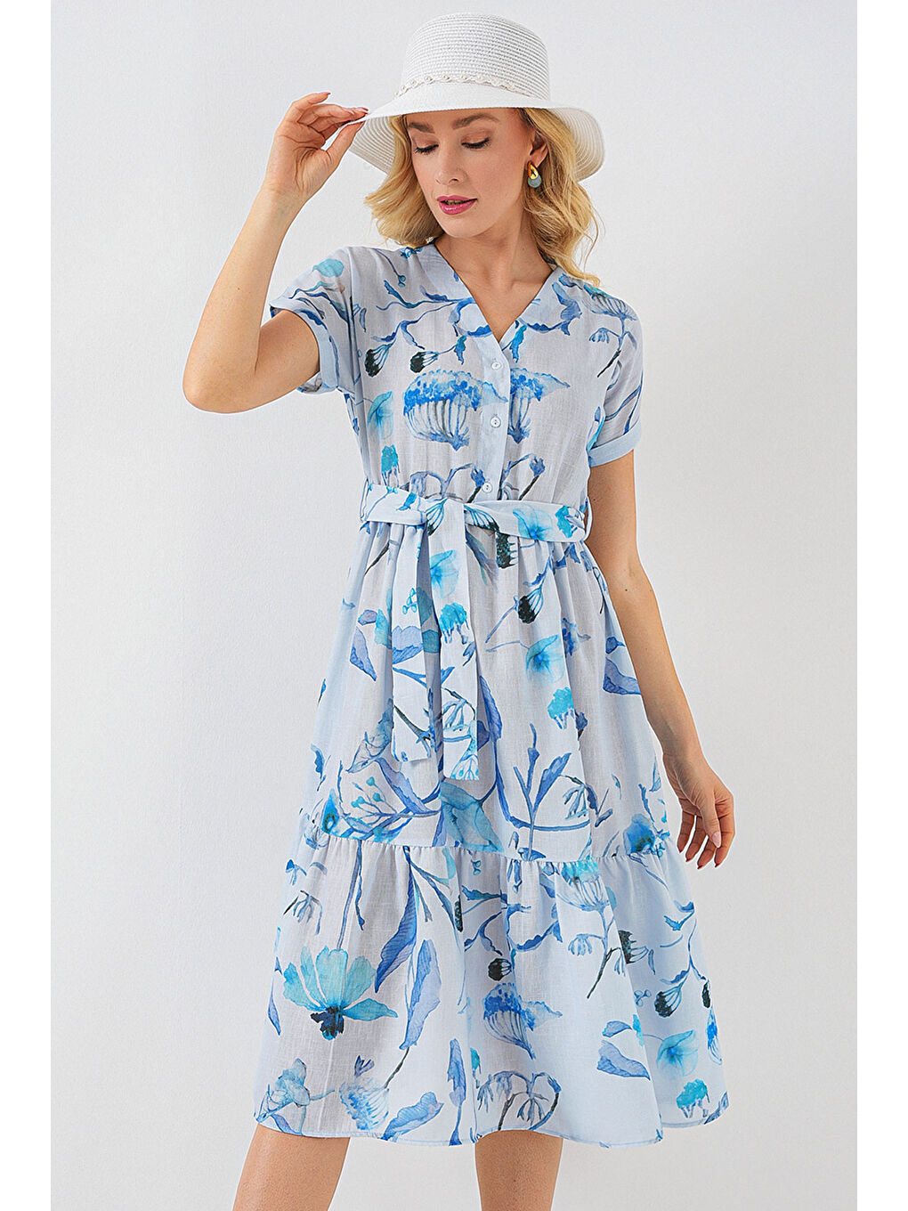 Kadın Desenli Kısa Kol Elbise 2558 - Mavi