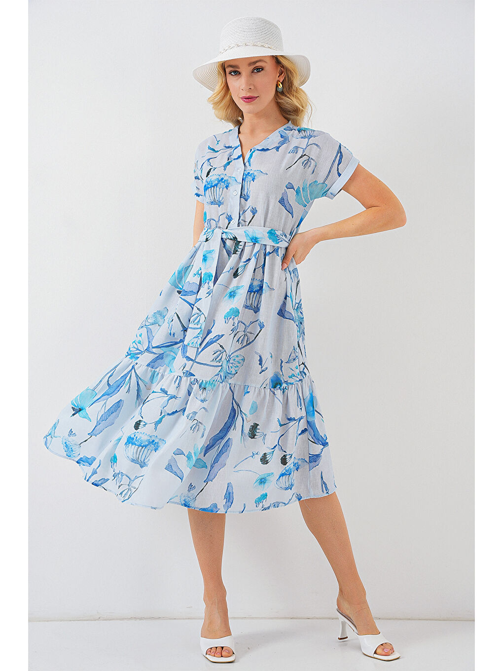 Kadın Desenli Kısa Kol Elbise 2558 - Mavi-1