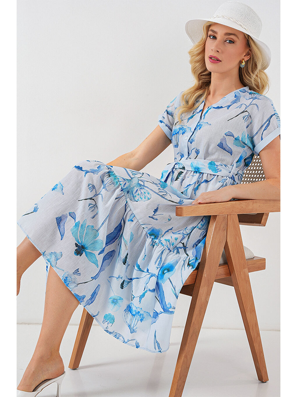 Kadın Desenli Kısa Kol Elbise 2558 - Mavi-2