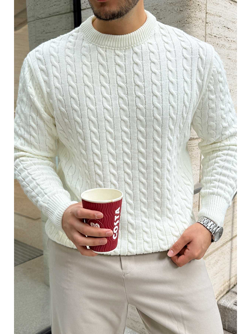 Beyaz Mira Premium Saç Örgü Bisiklet Yaka Kalın Triko Kazak-6