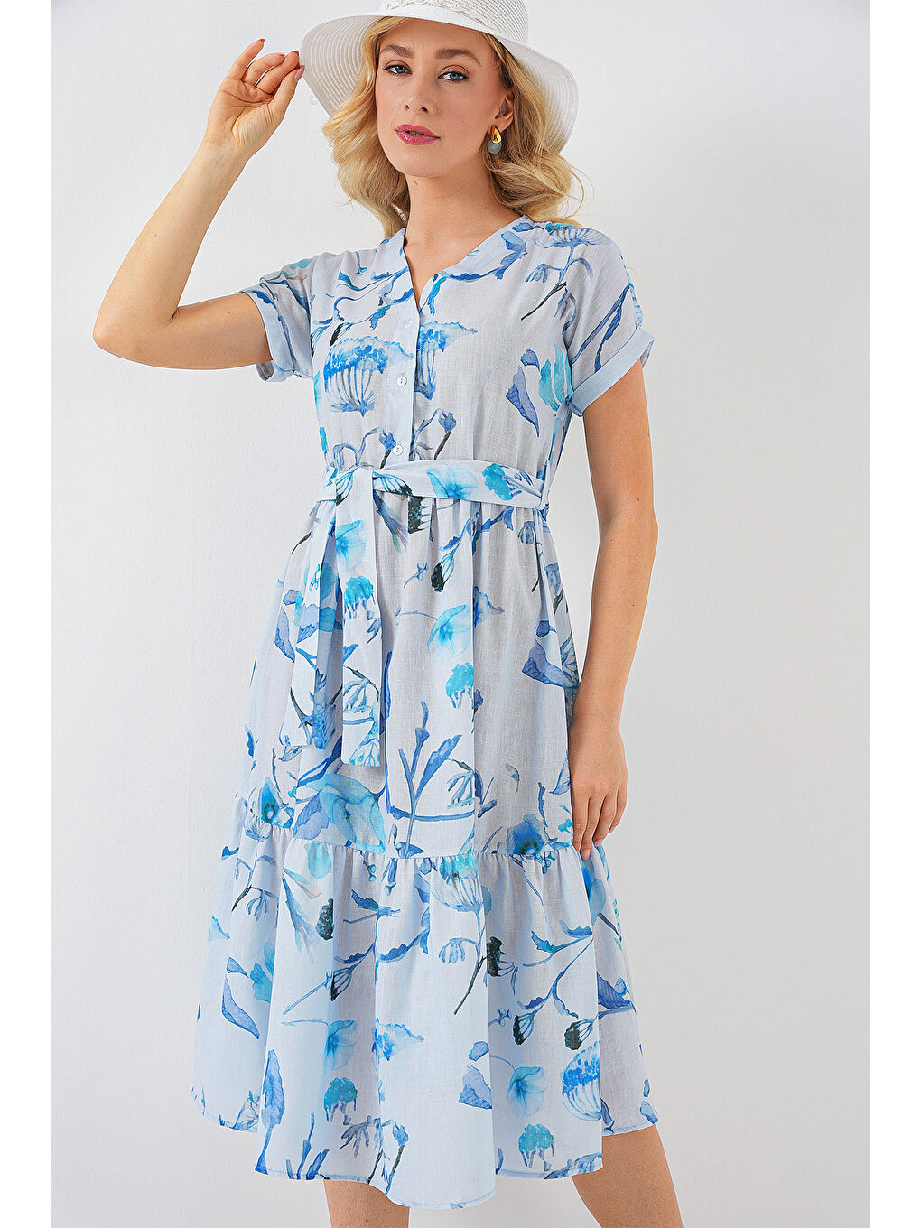 Kadın Desenli Kısa Kol Elbise 2558 - Mavi-3