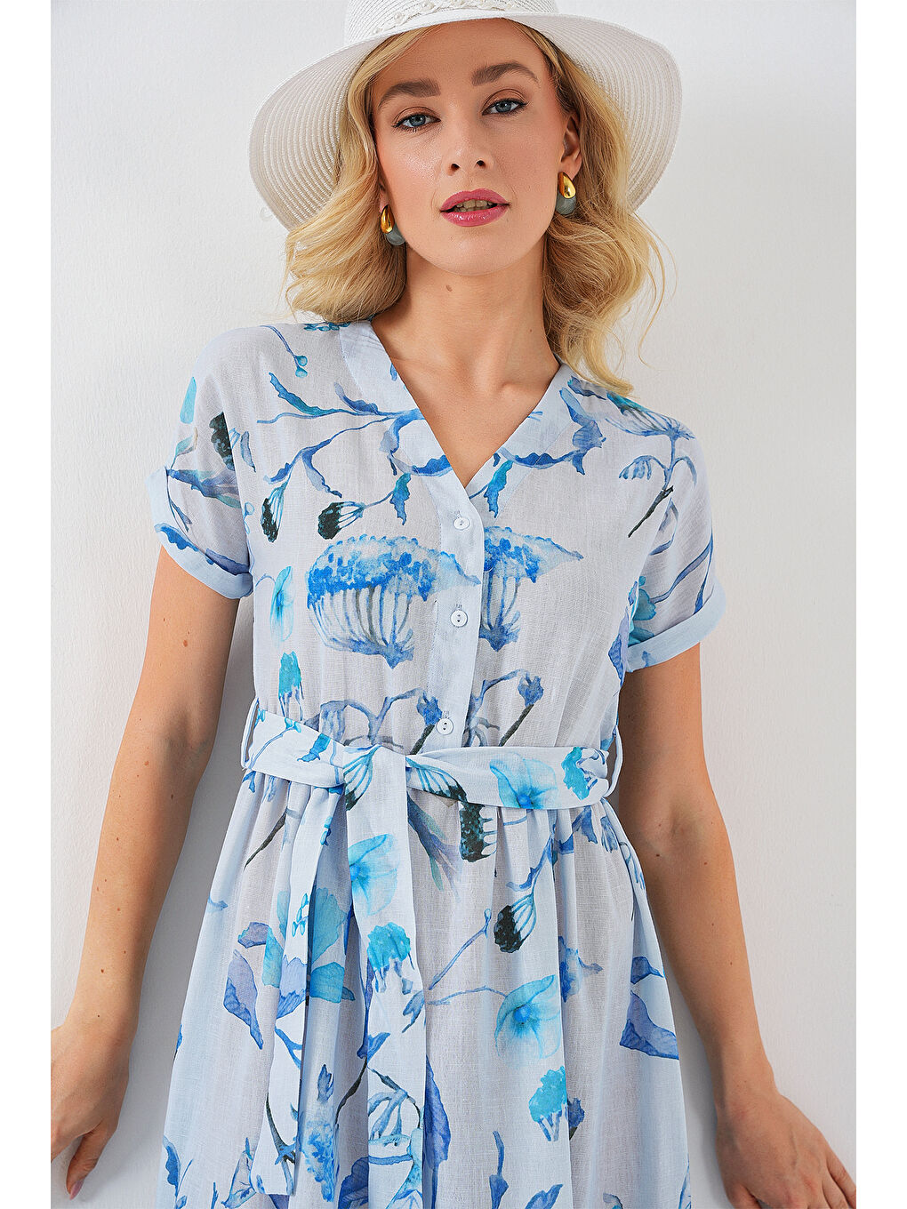 Kadın Desenli Kısa Kol Elbise 2558 - Mavi-4