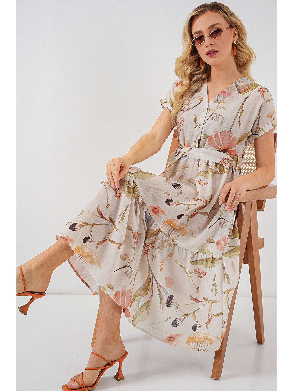 Ekru Kadın Desenli Kısa Kol Elbise 2558 - Krem-2