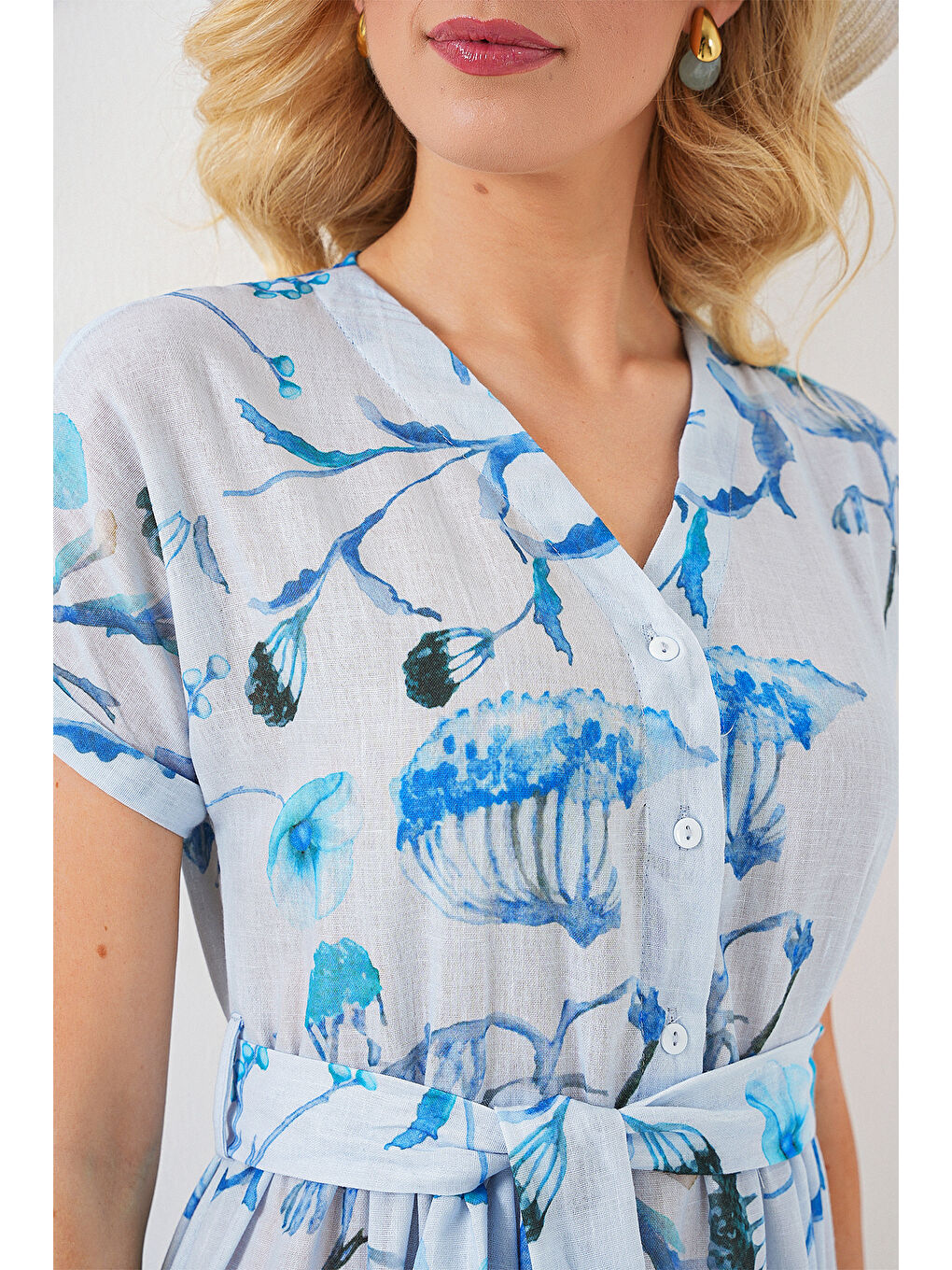 Kadın Desenli Kısa Kol Elbise 2558 - Mavi-5