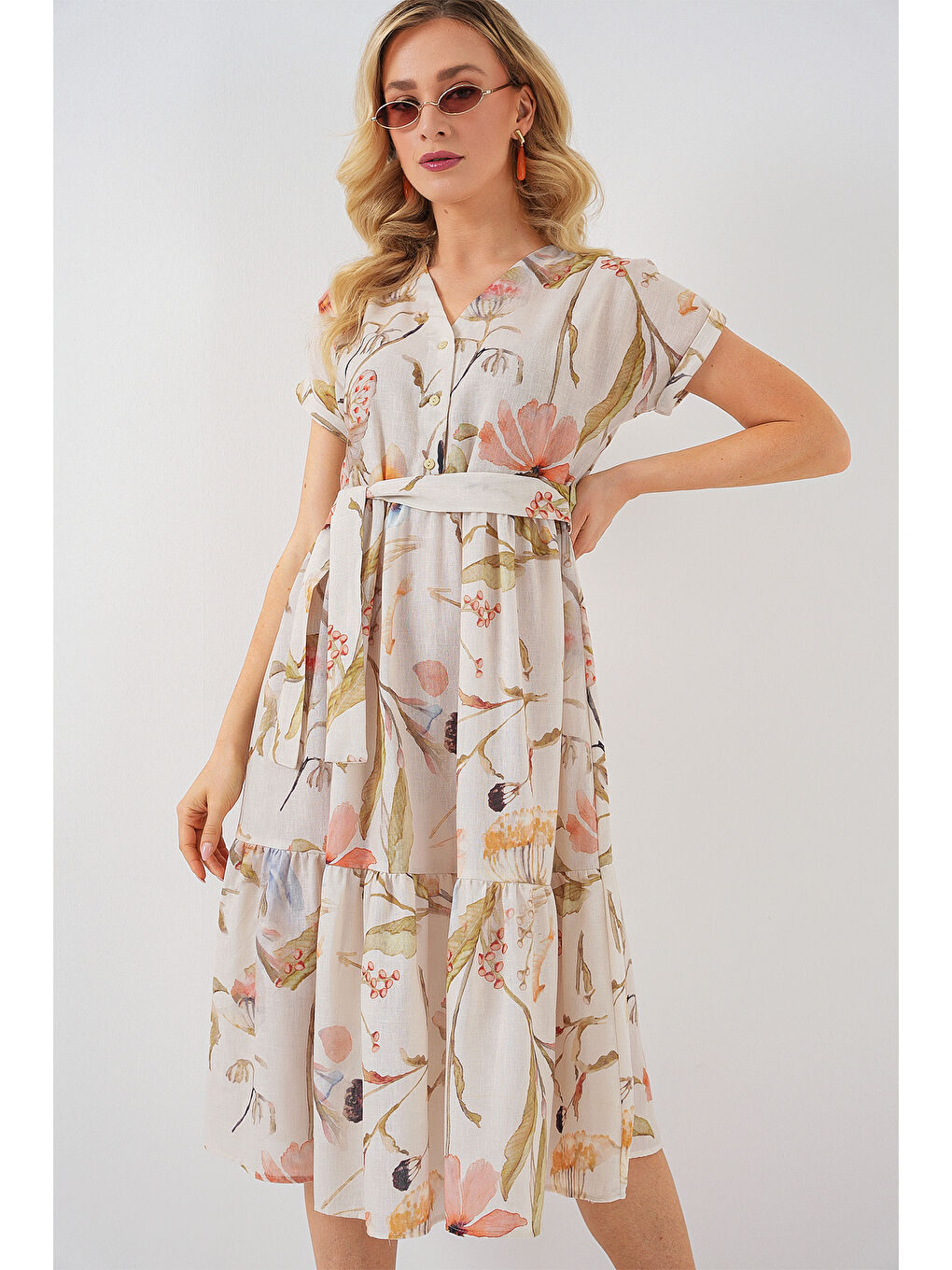 Ekru Kadın Desenli Kısa Kol Elbise 2558 - Krem-3