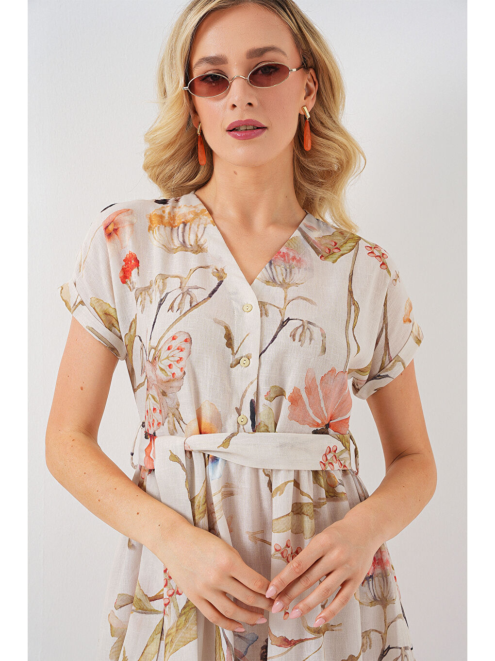 Ekru Kadın Desenli Kısa Kol Elbise 2558 - Krem-4