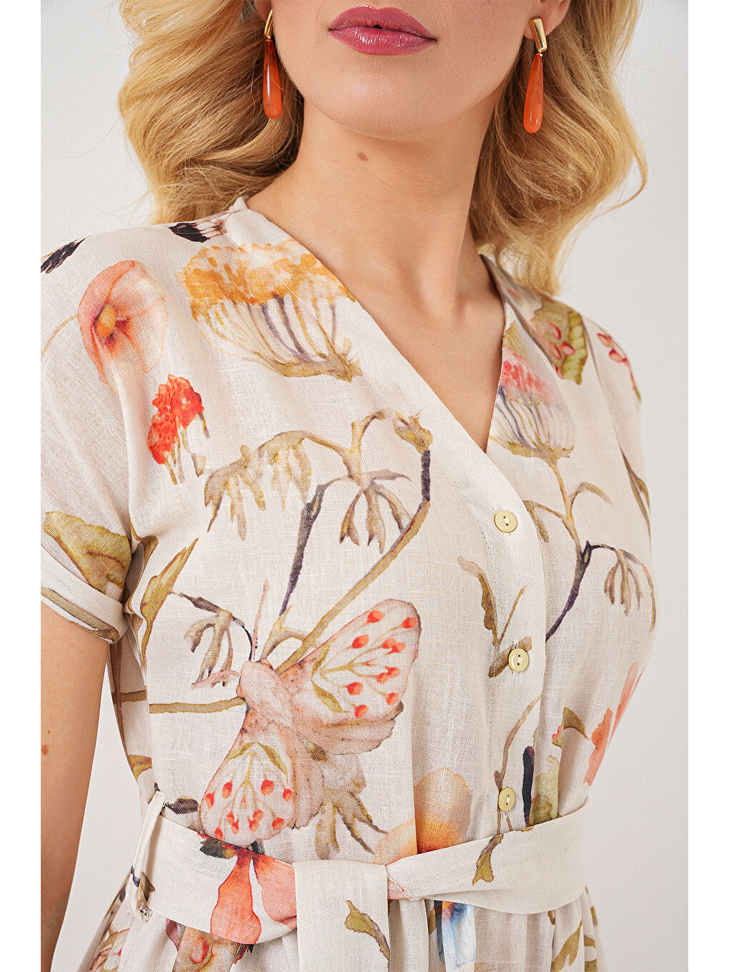 Ekru Kadın Desenli Kısa Kol Elbise 2558 - Krem-5