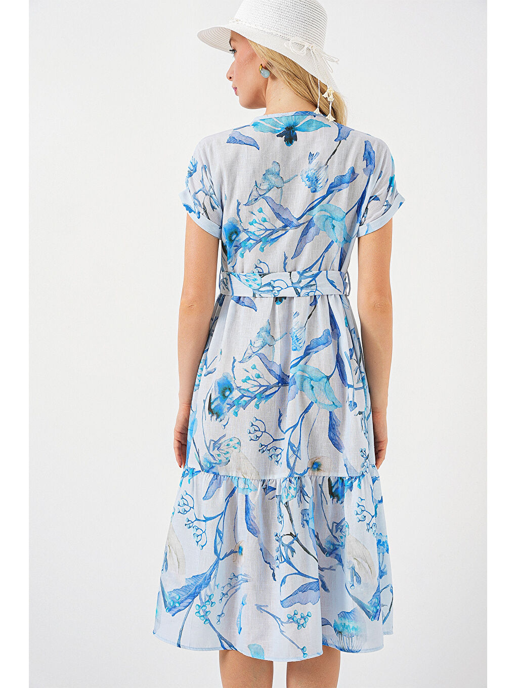 Kadın Desenli Kısa Kol Elbise 2558 - Mavi-6