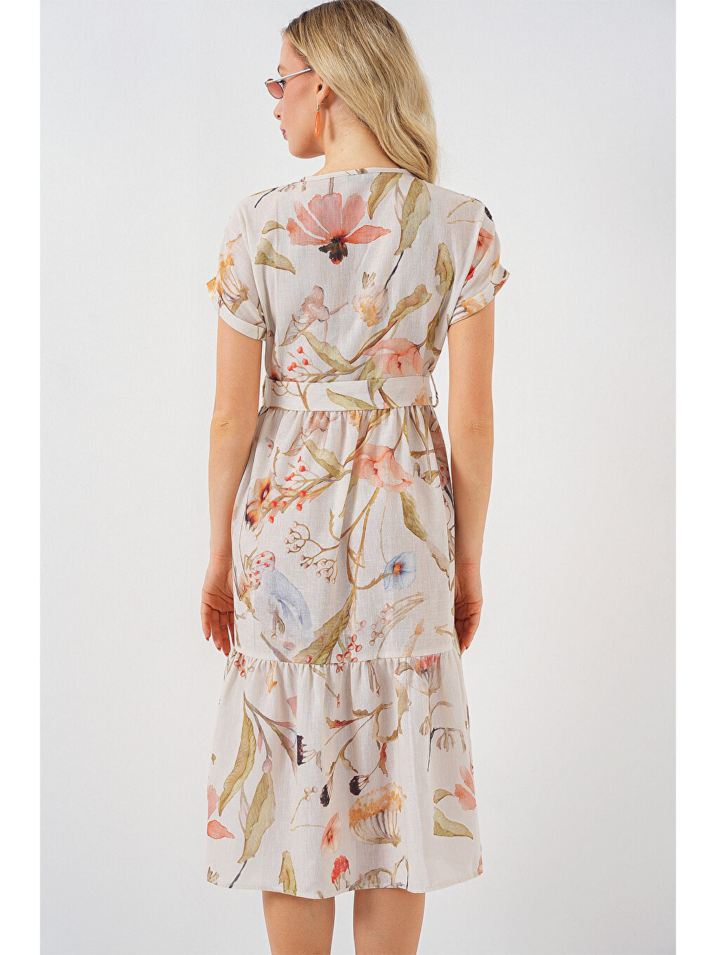 Ekru Kadın Desenli Kısa Kol Elbise 2558 - Krem-6