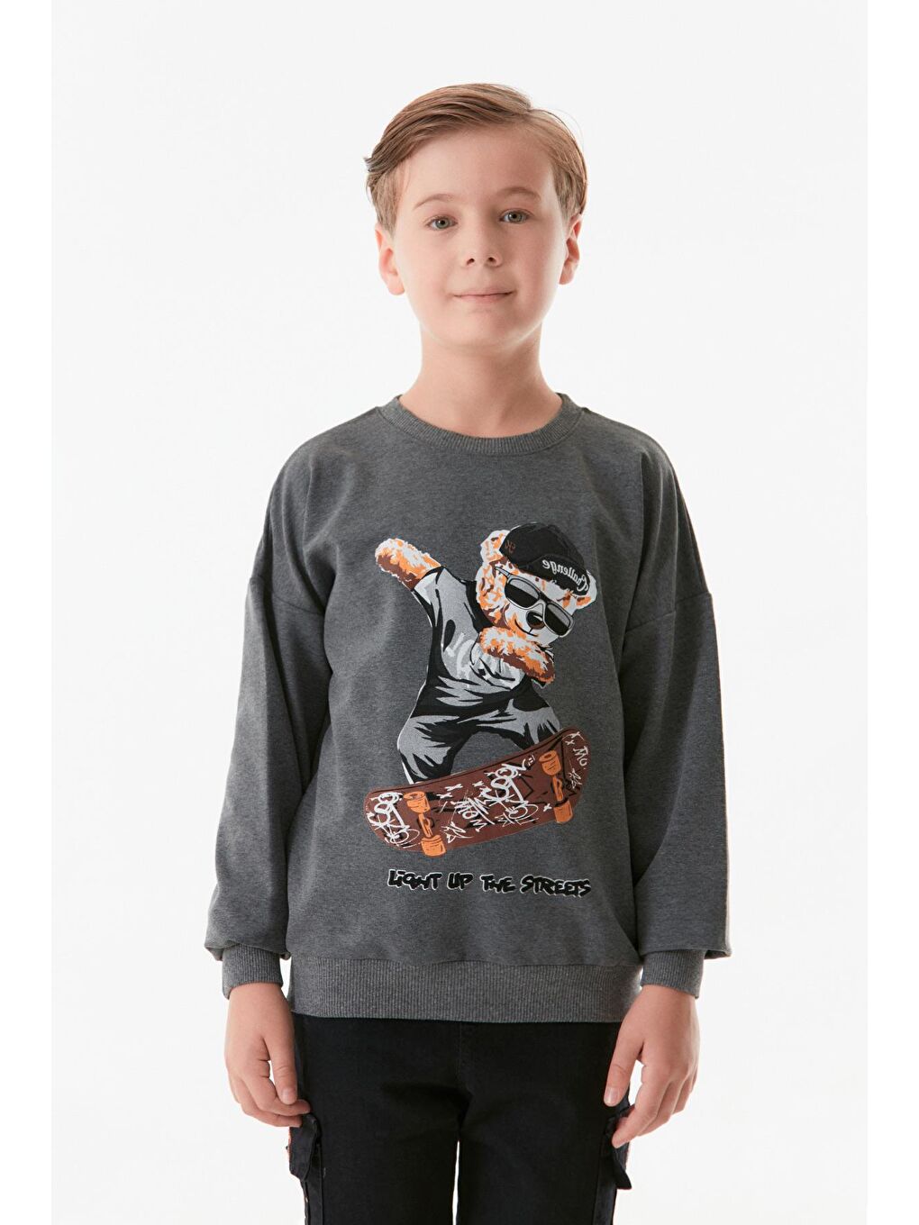 Antrasit Ayıcık Baskılı Bisiklet Yaka Erkek Çocuk Sweatshirt