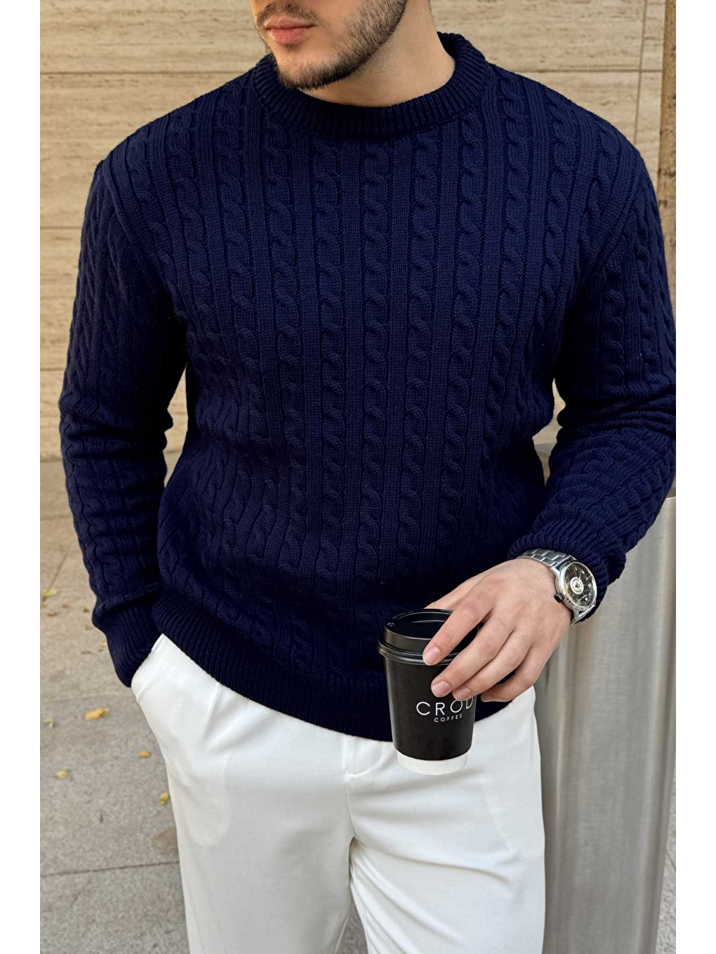 Lacivert Mira Premium Saç Örgü Bisiklet Yaka Kalın Triko Kazak