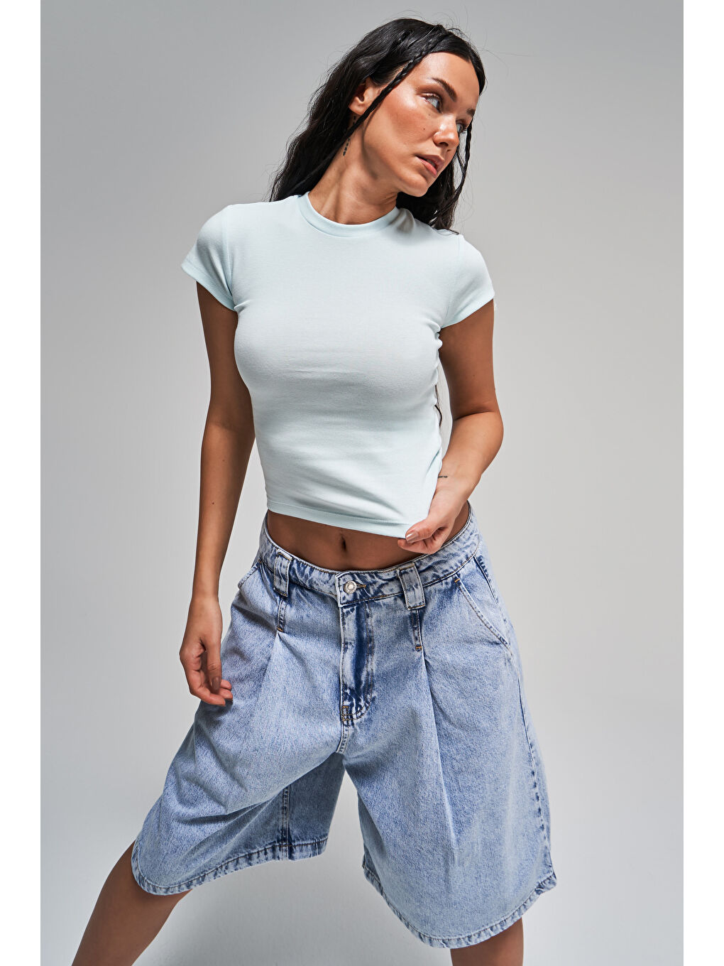 Kadın Bebe Mavisi Renk s5-110 Süper Esnek Kumaş %100 Pamuk Bisiklet Yaka Basic Body-1