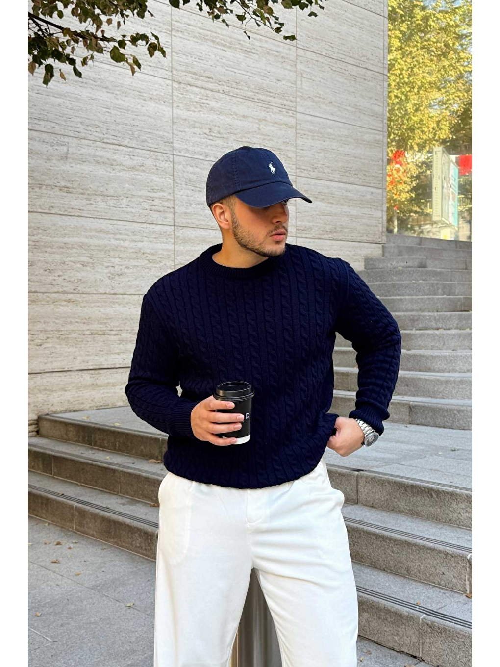 Lacivert Mira Premium Saç Örgü Bisiklet Yaka Kalın Triko Kazak-2