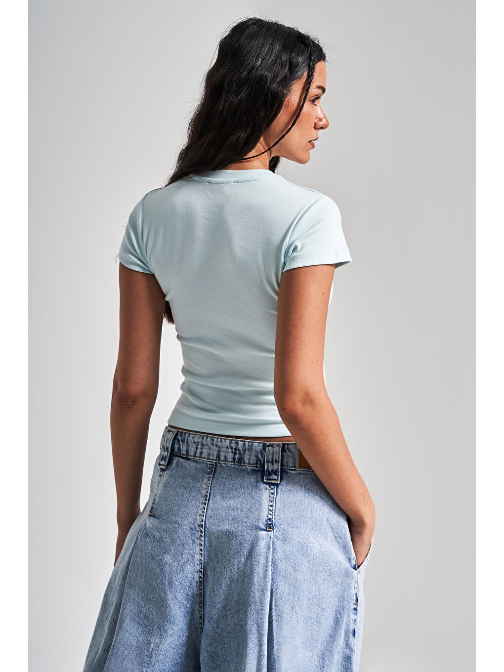 Kadın Bebe Mavisi Renk s5-110 Süper Esnek Kumaş %100 Pamuk Bisiklet Yaka Basic Body-2