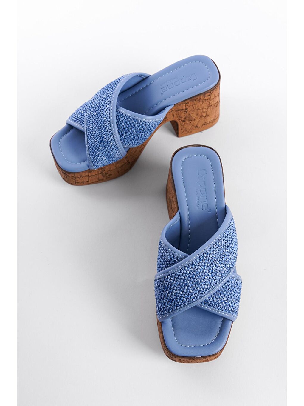 Mavi Mantar Platform Tabanlı Hasır Çapraz Bantlı Kadın Terlik-3