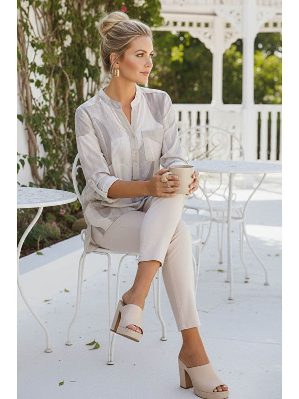 İtalyan Beyaz Hakim Yaka Düğmeli 3/4 Kol Geometrik Desenli Pullu Cepli Casual Viskon Bluz 75 60-4