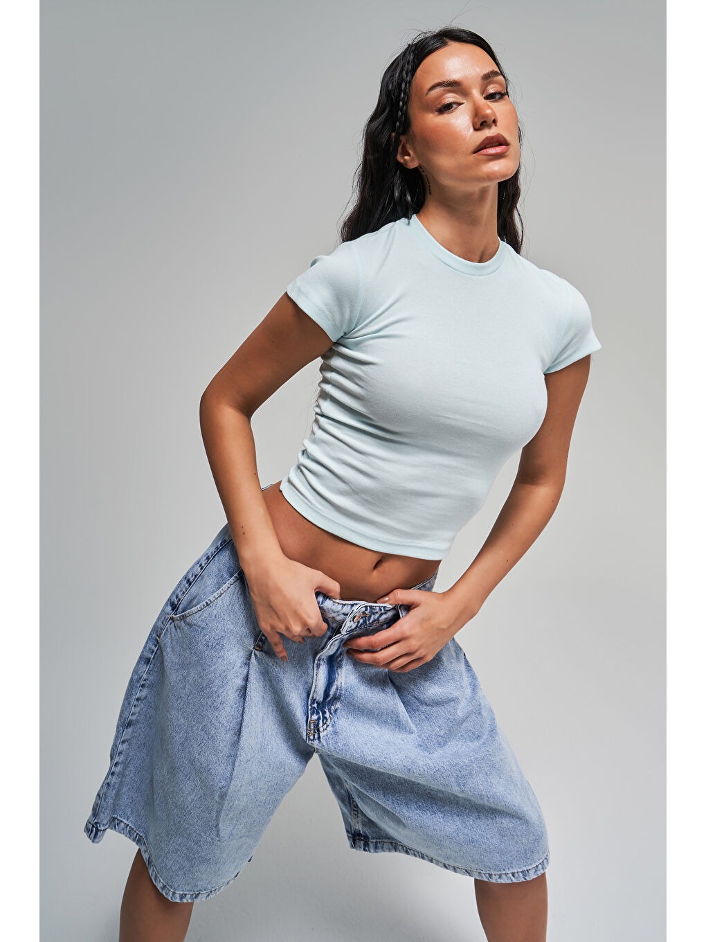 Kadın Bebe Mavisi Renk s5-110 Süper Esnek Kumaş %100 Pamuk Bisiklet Yaka Basic Body-3