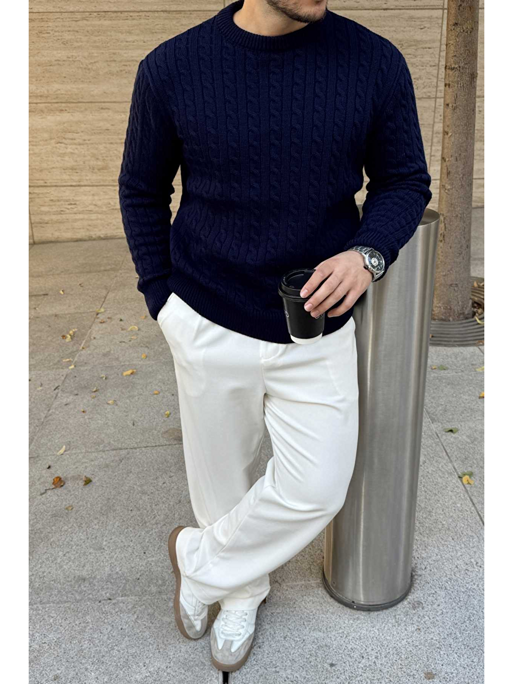 Lacivert Mira Premium Saç Örgü Bisiklet Yaka Kalın Triko Kazak-3