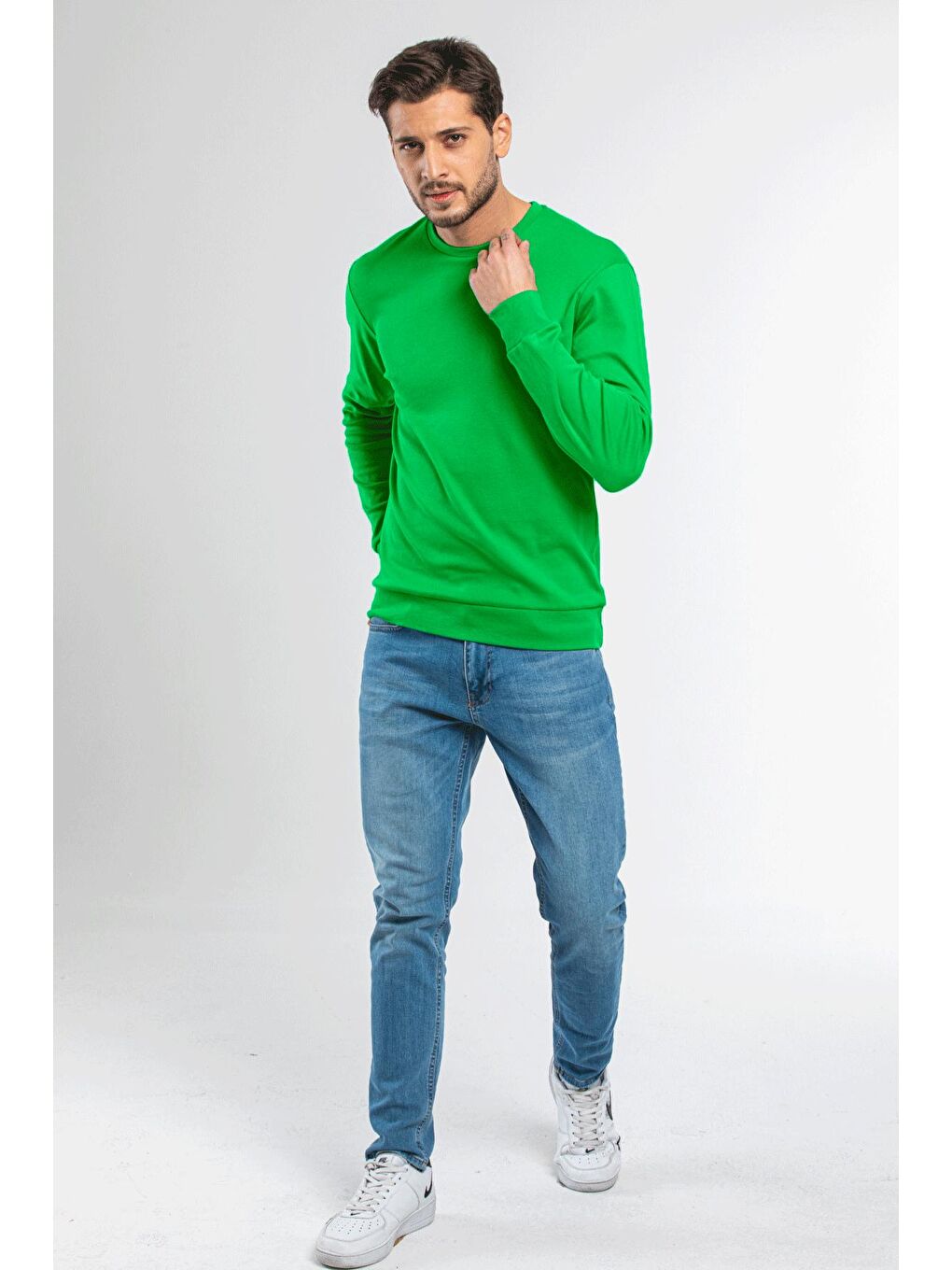 Süperlife Açık Yeşil Erkek Bisiklet Yaka Slim Fit İnce Sweatshirt SPR 20K17