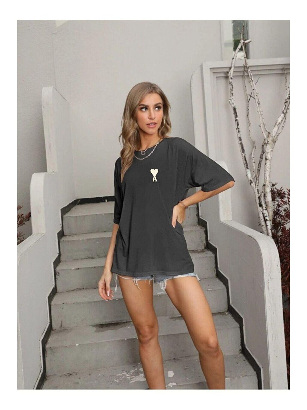 Trendseninle Füme Kadın Füme Kalp Baskılı Oversize T-shirt