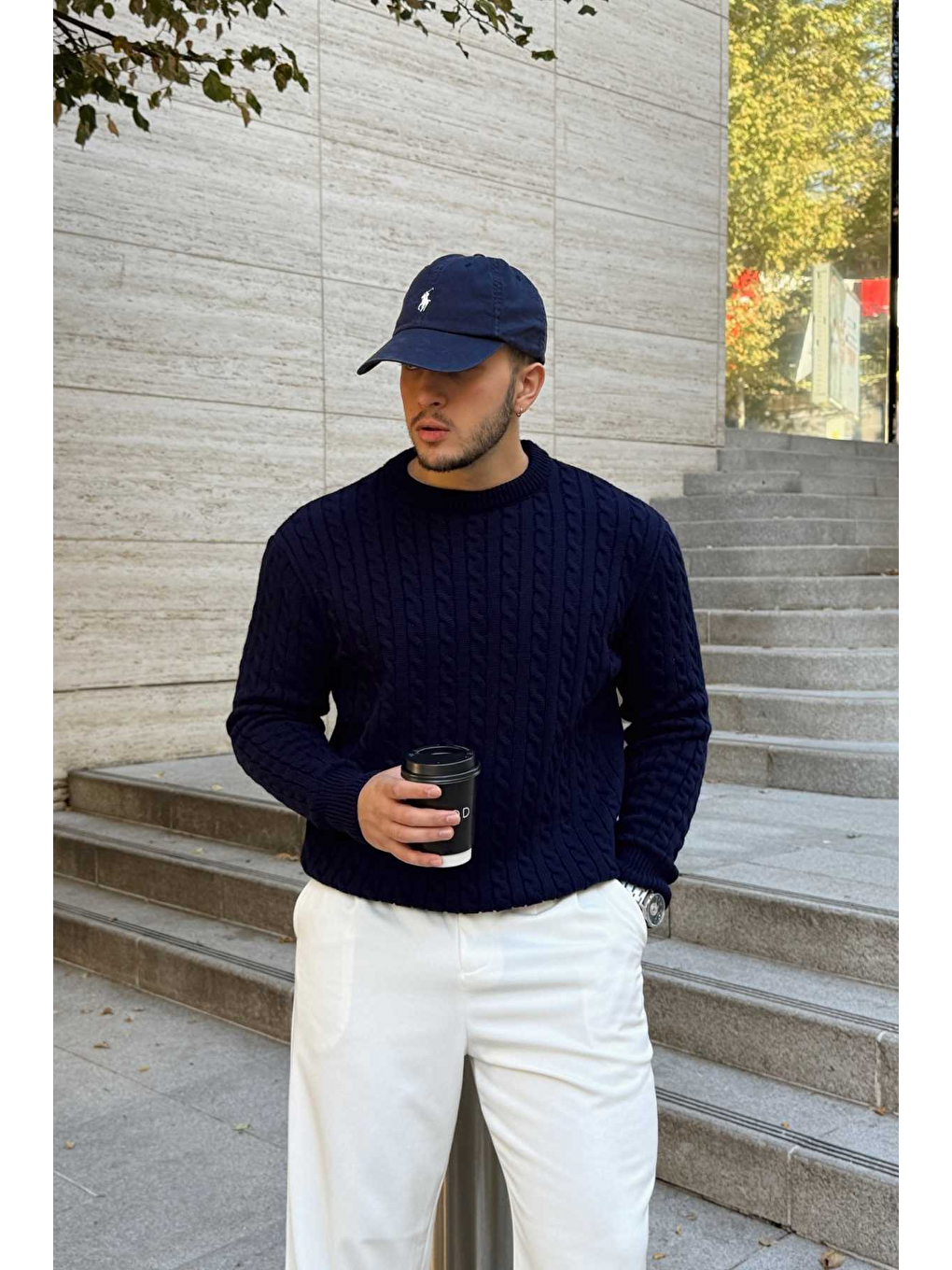 Lacivert Mira Premium Saç Örgü Bisiklet Yaka Kalın Triko Kazak-4