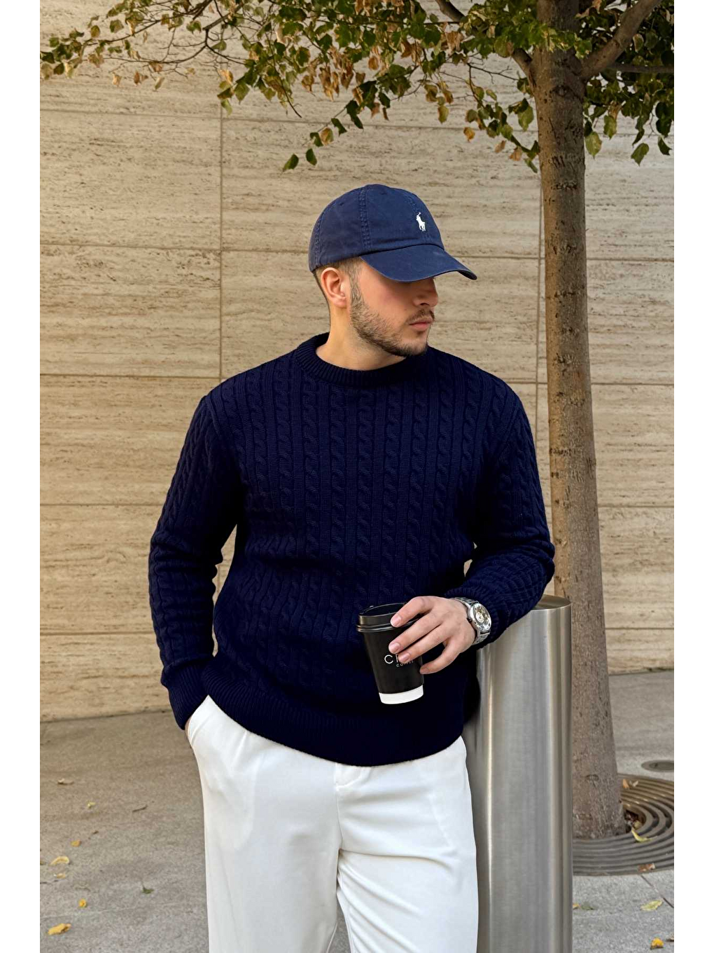 Lacivert Mira Premium Saç Örgü Bisiklet Yaka Kalın Triko Kazak-6