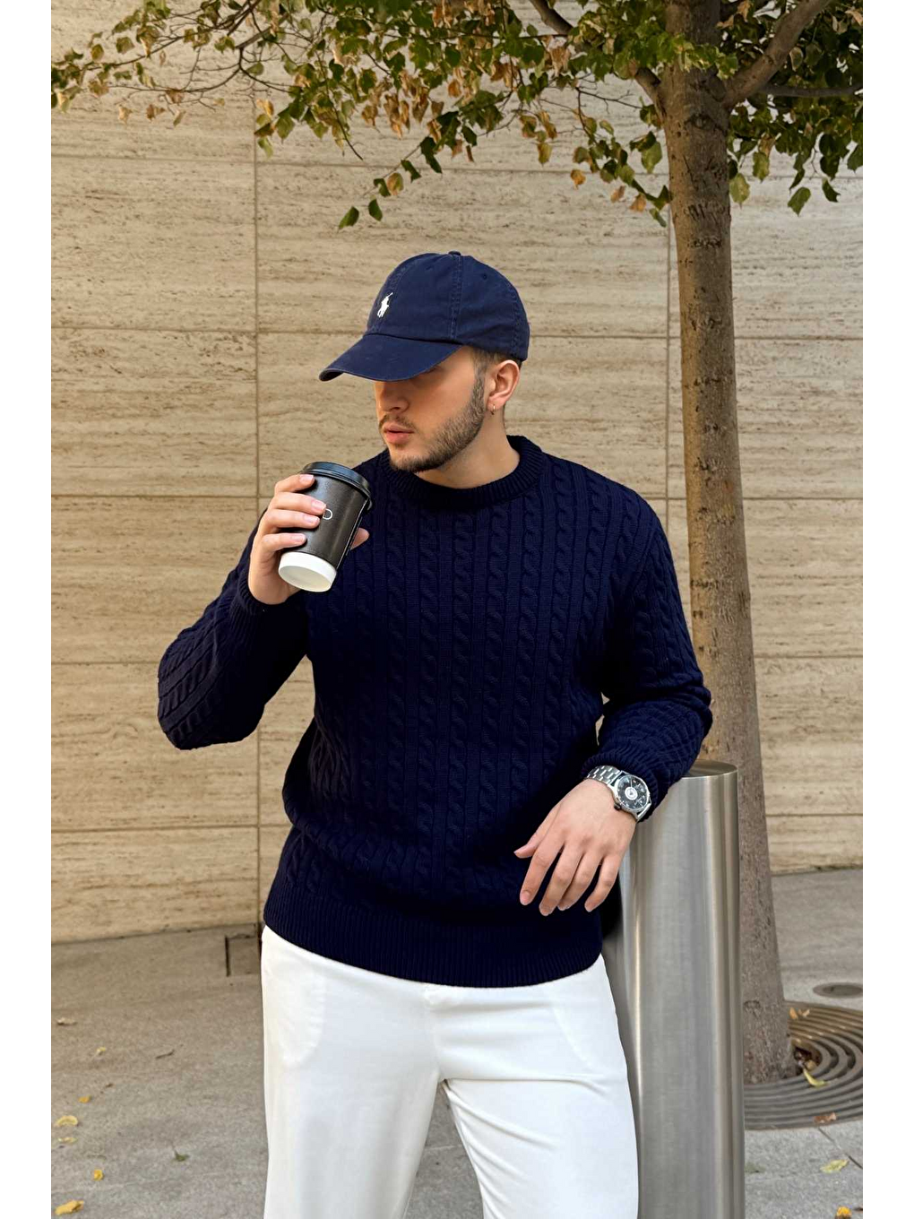 Lacivert Mira Premium Saç Örgü Bisiklet Yaka Kalın Triko Kazak-7