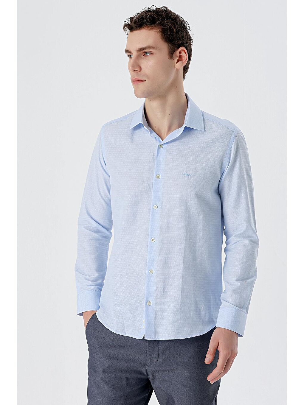 Koyu Mavi Uzun Kollu Desenli Armürlü Sert Yaka Cepsiz Pamuklu Slim Fit Dar Kesim Gömlek 1004235168-1